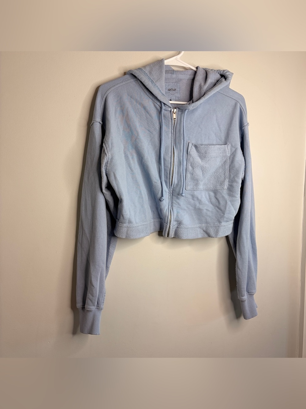 aerie Pastel Blue Textured Distressed Cropped Zip Hoodie XS